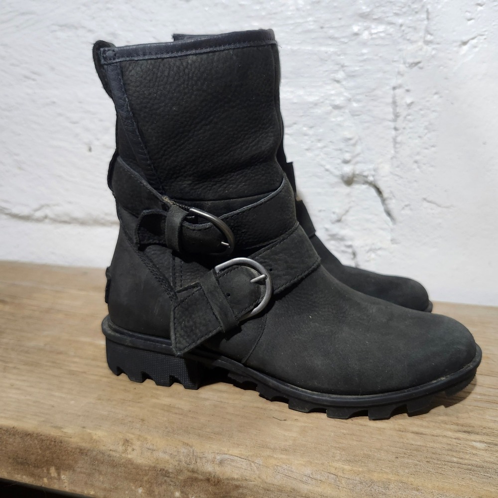 Sorel Lennox Moto Black Leather Waterproof Shearling Boots NL3411-010 Womens 7